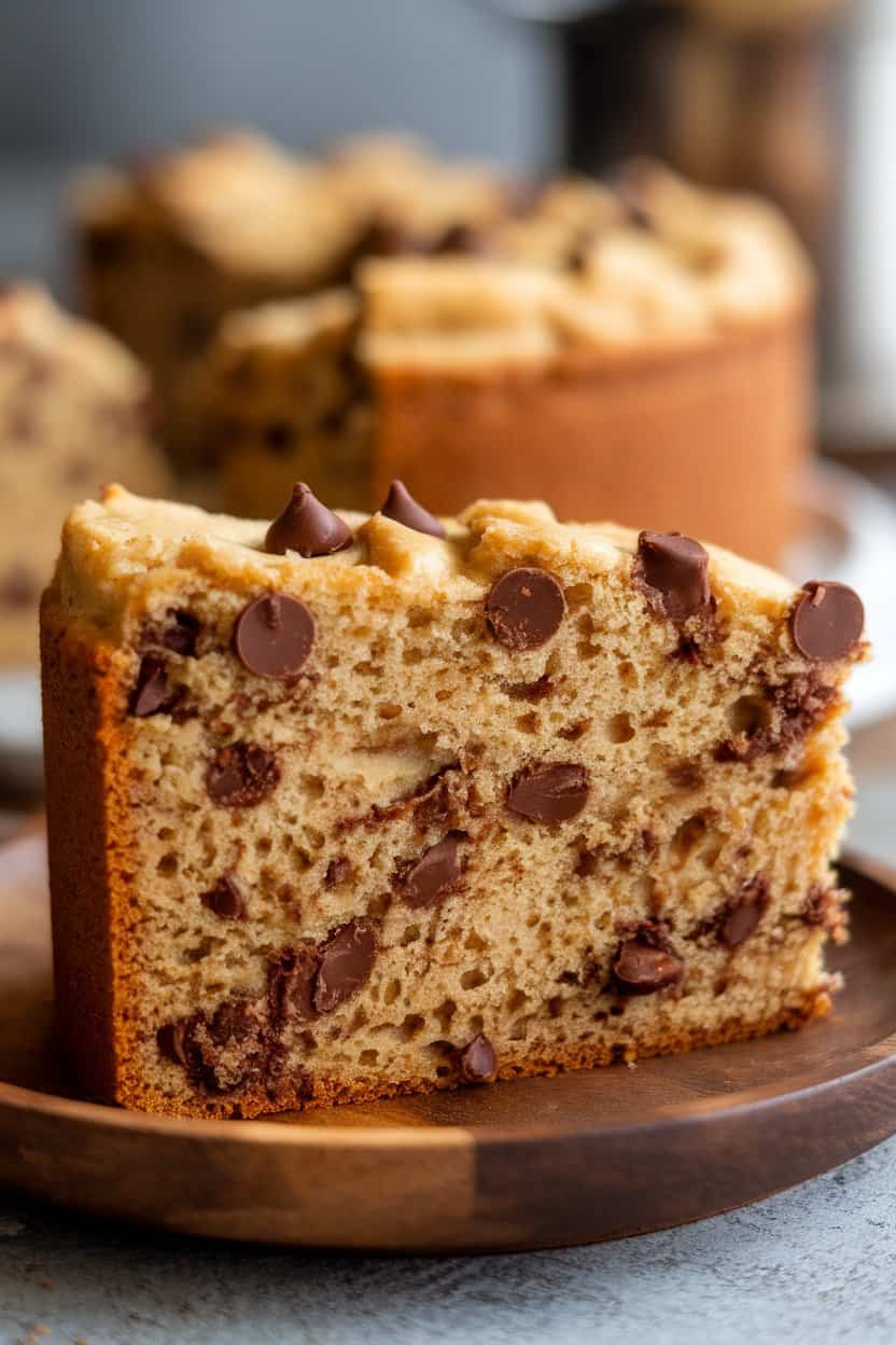 A slice of sourdough chocolate chip cake, crumb showing airy bubbles, placed on an indoor wooden plate. No logos or text; photo only.