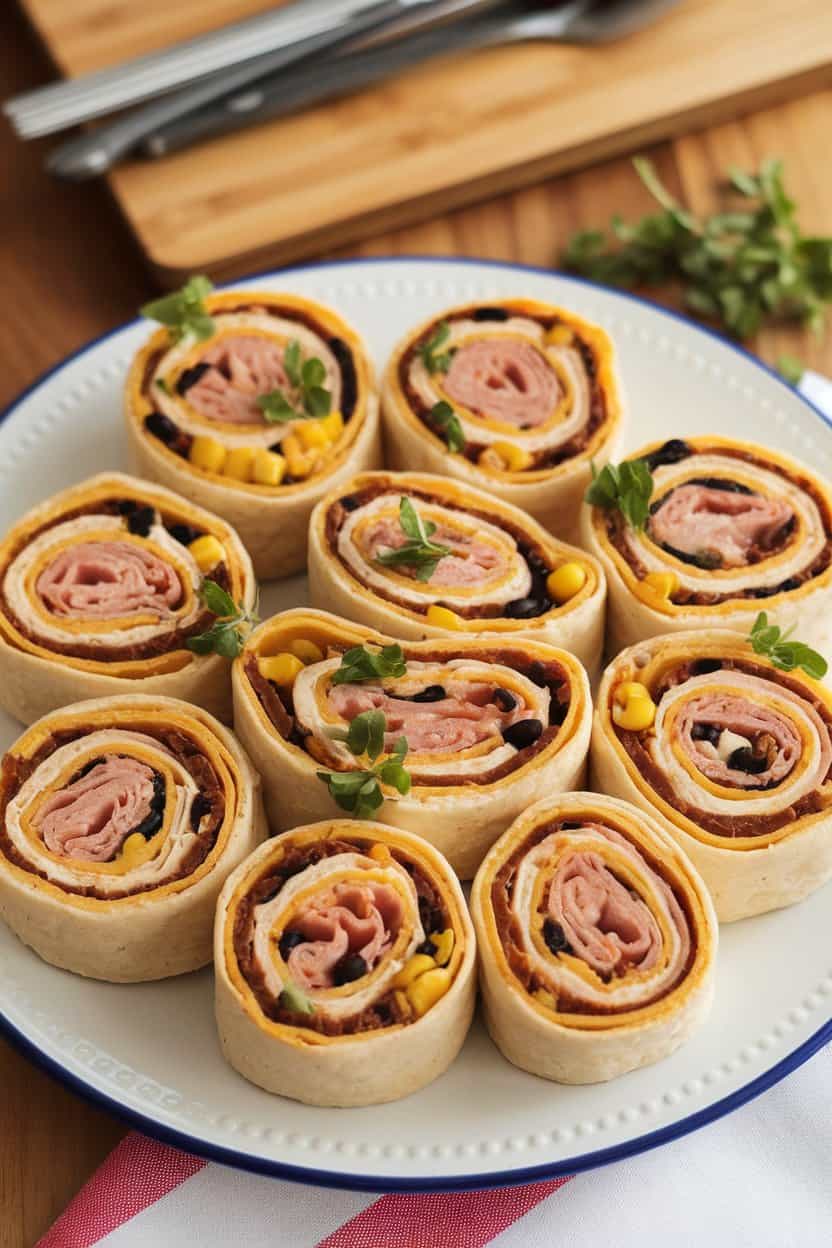  A plate indoors displaying colorful tortilla pinwheels swirled with turkey, black beans, corn, and cream cheese. No text or logos.