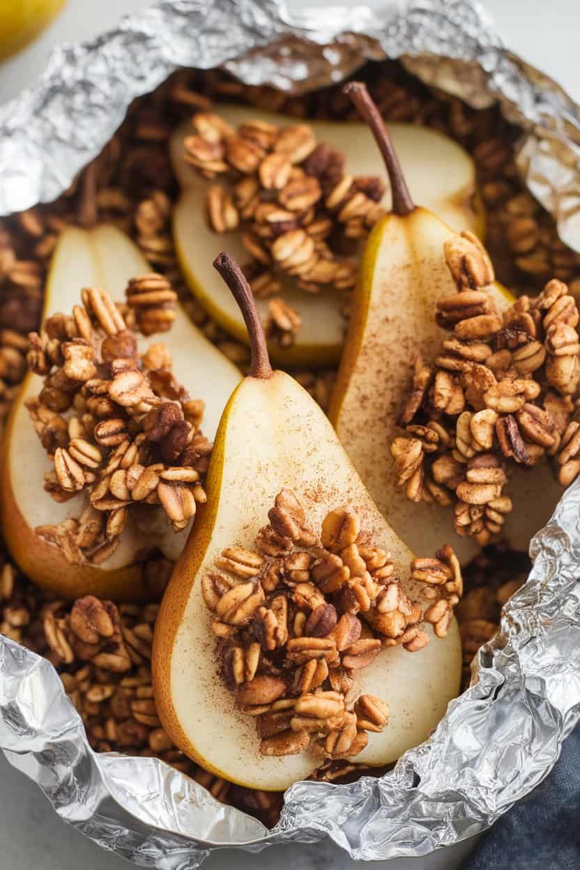 Fresh pears are sliced and tossed with cinnamon and brown sugar. The pears are tucked into foil, and granola is sprinkled on top.