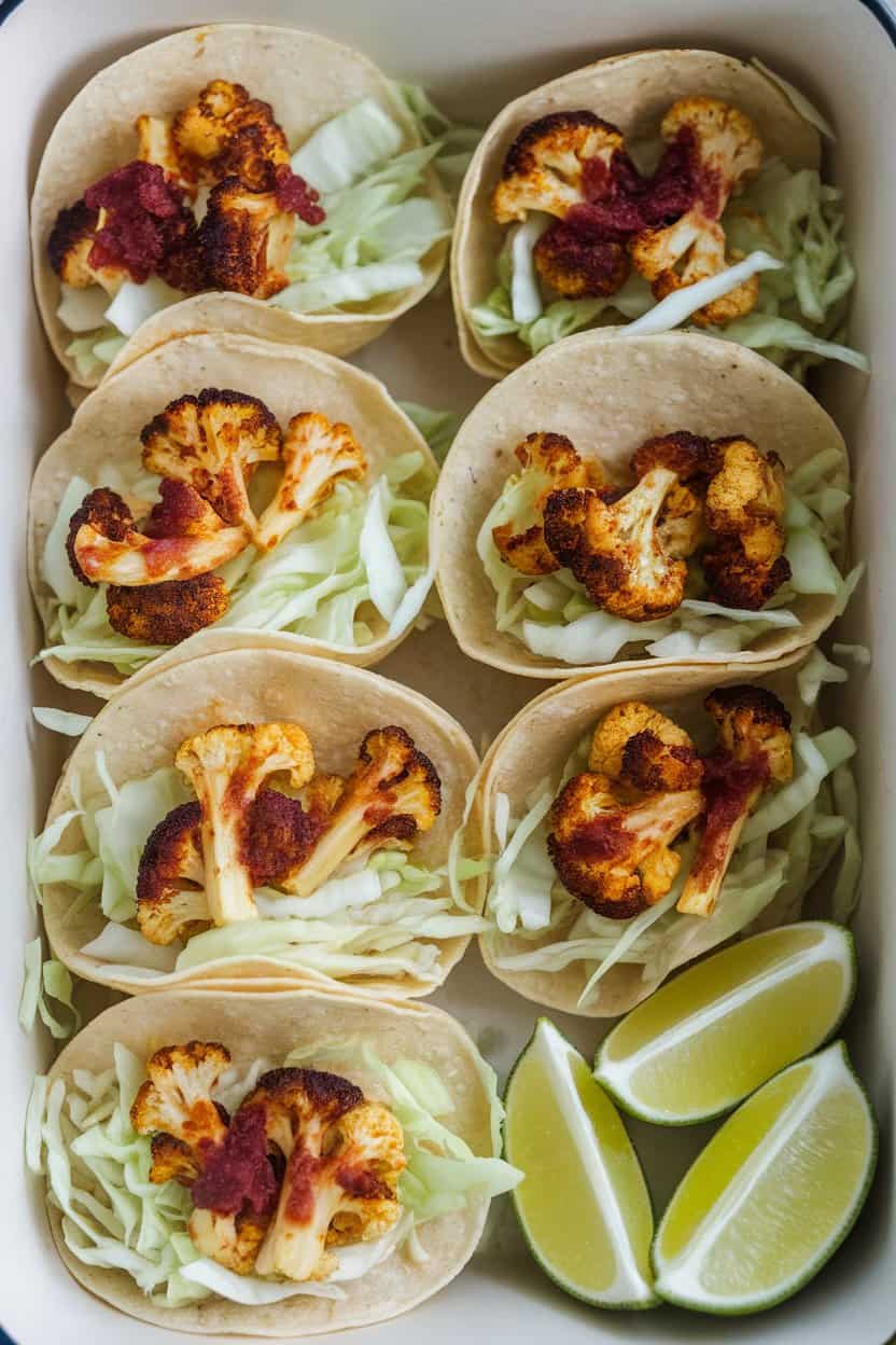 A container indoors with small tortillas filled with chili-rubbed roasted cauliflower florets and shredded cabbage, lime wedges nearby. No text or logos.