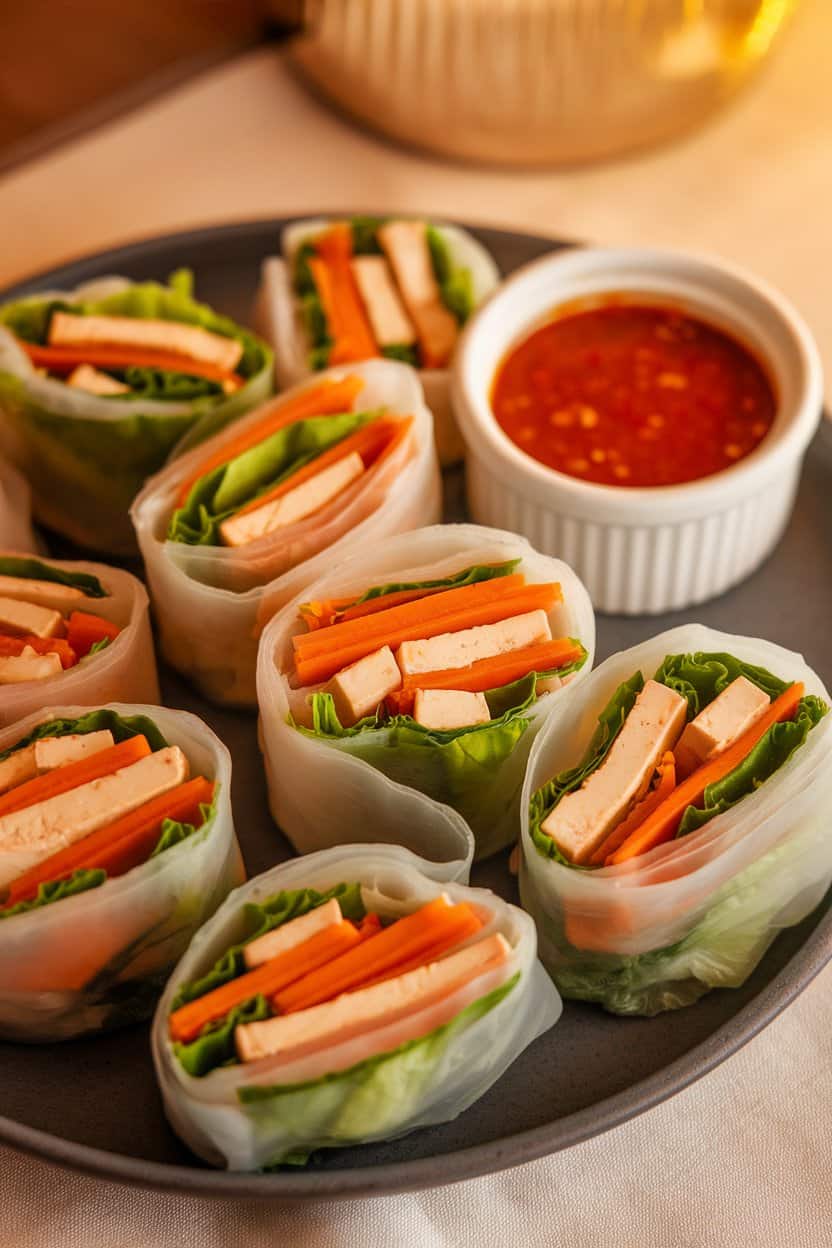 An indoor platter of translucent rice paper rolls revealing tofu strips, carrots, and lettuce, served with a ramekin of sweet chili sauce. No text or logos.
