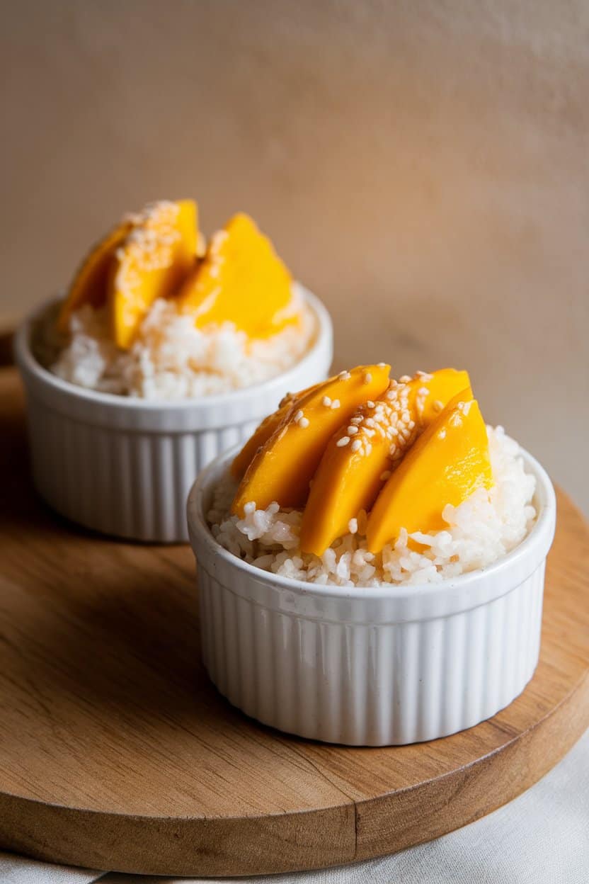 Indoor ramekins of sweet coconut sticky rice topped with ripe mango slices, sprinkled with sesame seeds. No text or logos
