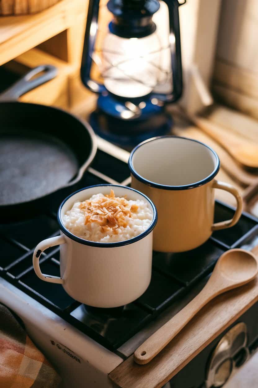 An indoor camp stove area with two enamel mugs of creamy rice pudding sprinkled with toasted coconut flakes. No text or branding