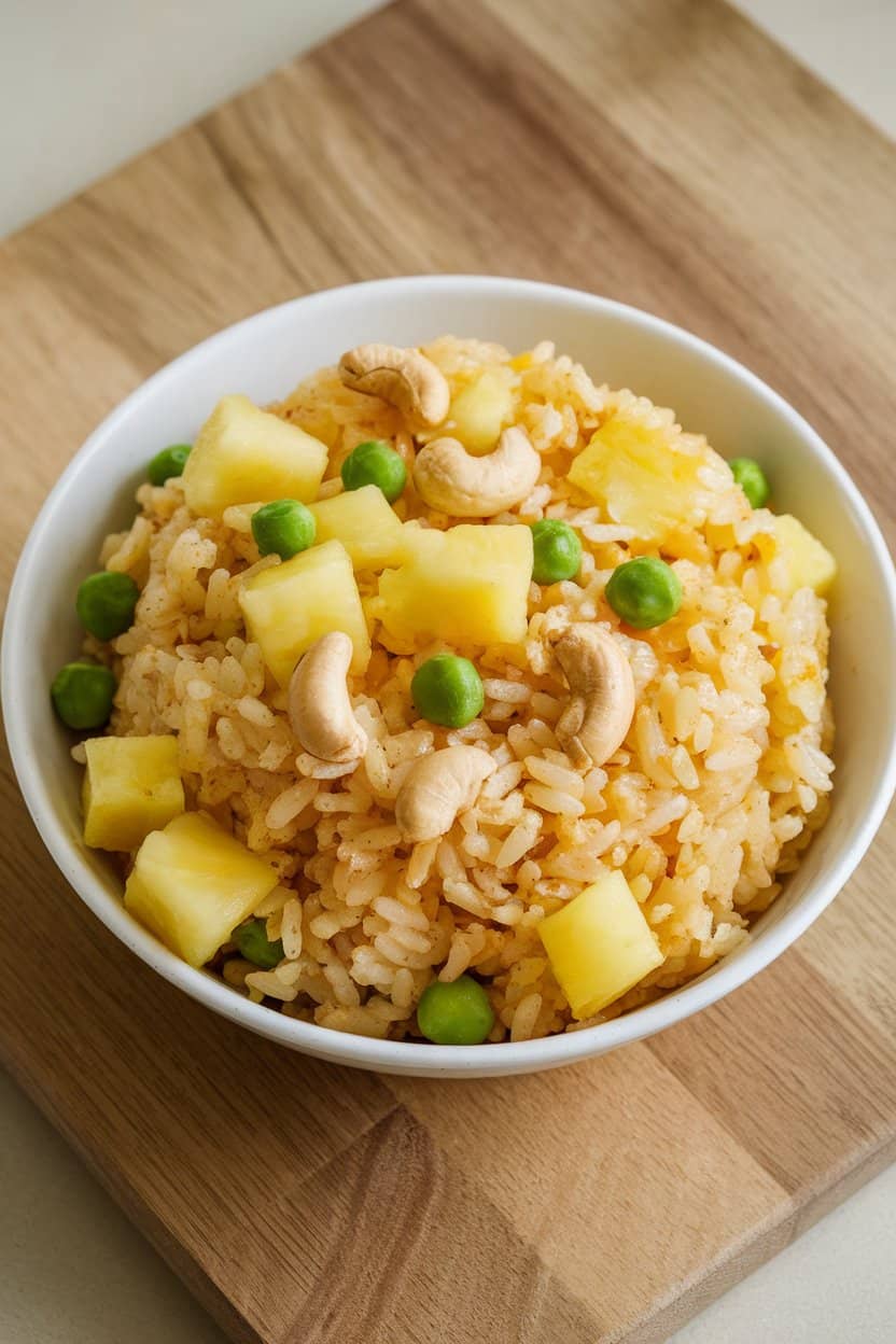  An indoor bowl of cold pineapple fried rice featuring golden rice, diced pineapple, peas, and cashews. No text or logos.