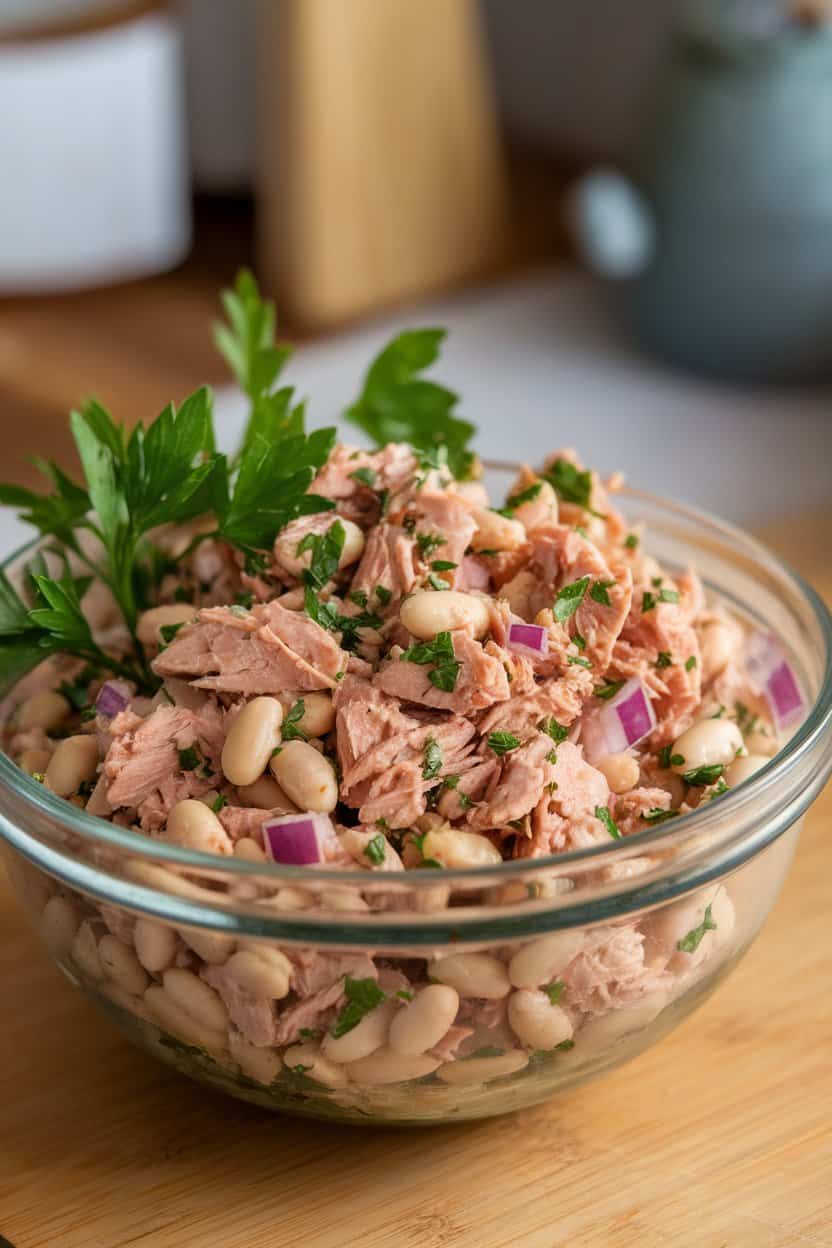 A bowl indoors featuring canned tuna flaked with cannellini beans, parsley, and diced red onion, lightly dressed in olive oil. No logos or text.
