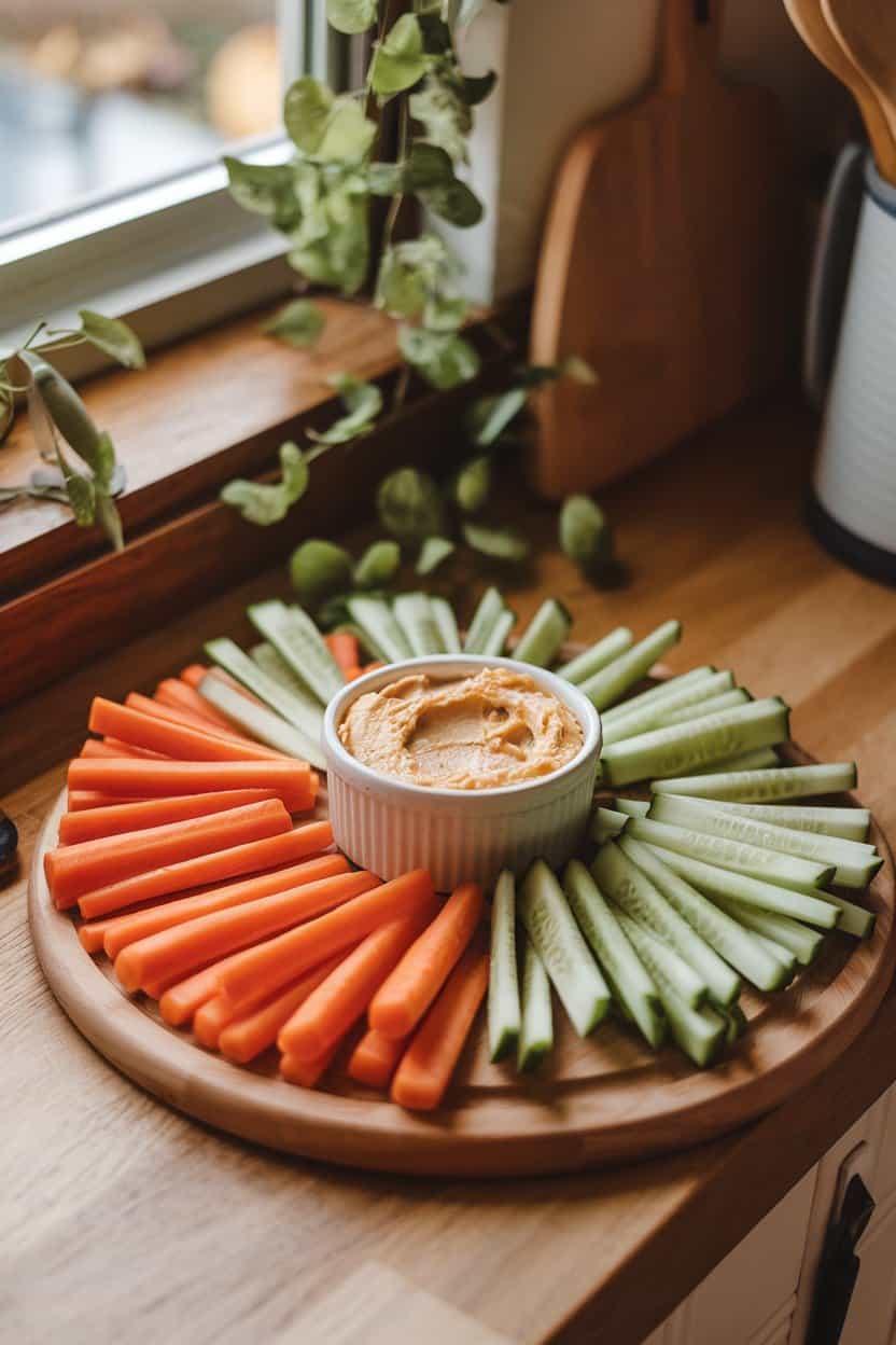 Indoor cutting board displaying carrot sticks, cucumber spears, and bell-pepper strips surrounding a small ramekin of creamy hummus. Warm kitchen lighting; no logos present
