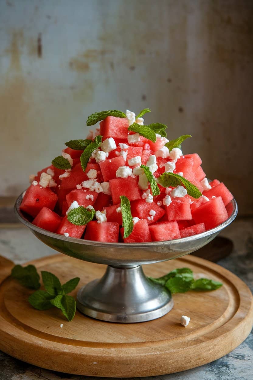 An indoor serving bowl packed with bright cubes of watermelon sprinkled with feta crumbles and fresh mint ribbons. No text or logos.
