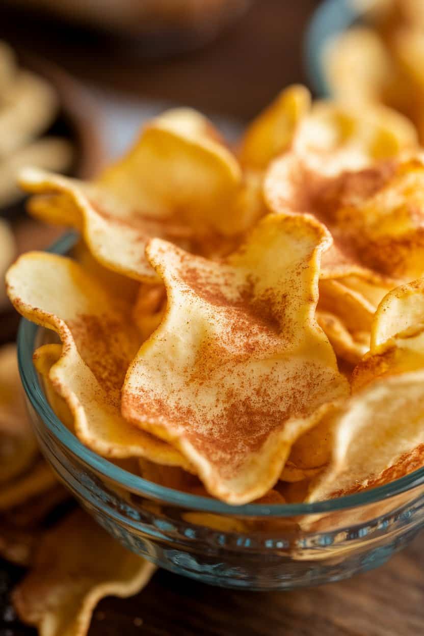 Indoor snack bowl filled with golden, cinnamon-dust apple chips, shot close-up to show their wavy edges. No text or logos visible