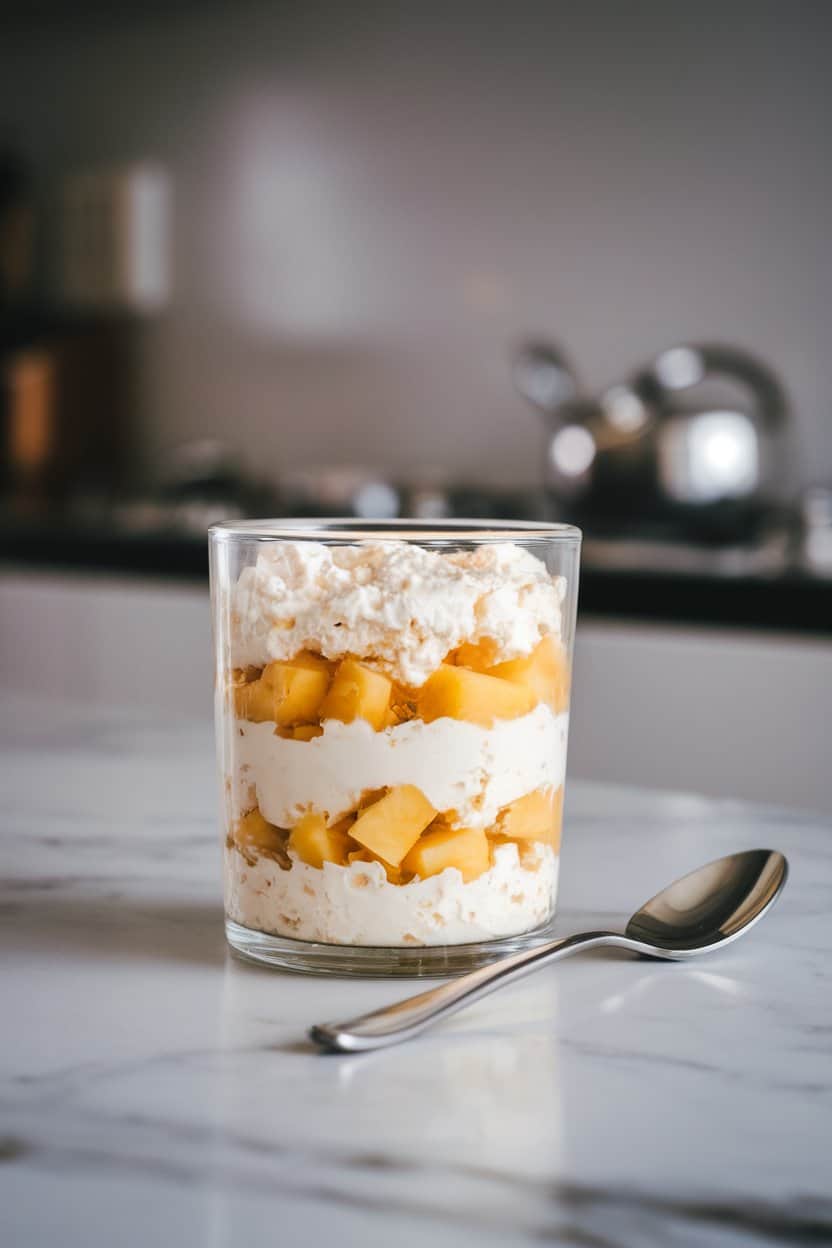 An indoor kitchen island displaying a clear glass cup layered with creamy cottage cheese and golden pineapple chunks, silver spoon resting beside—no logos or text.