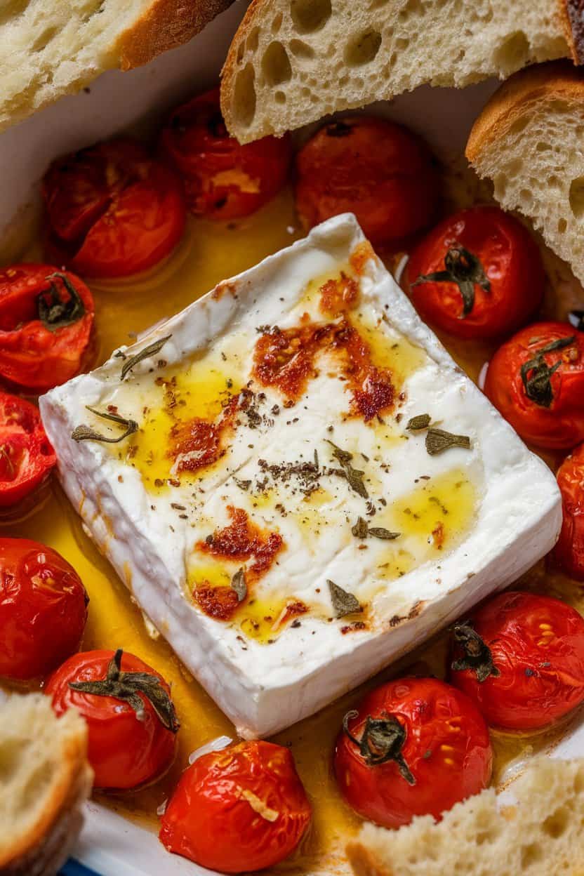 A photo of a baked feta cheese with cherry tomatoes, olive oil, and oregano. The feta cheese is nestled in a small dish and is surrounded by cherry tomatoes.