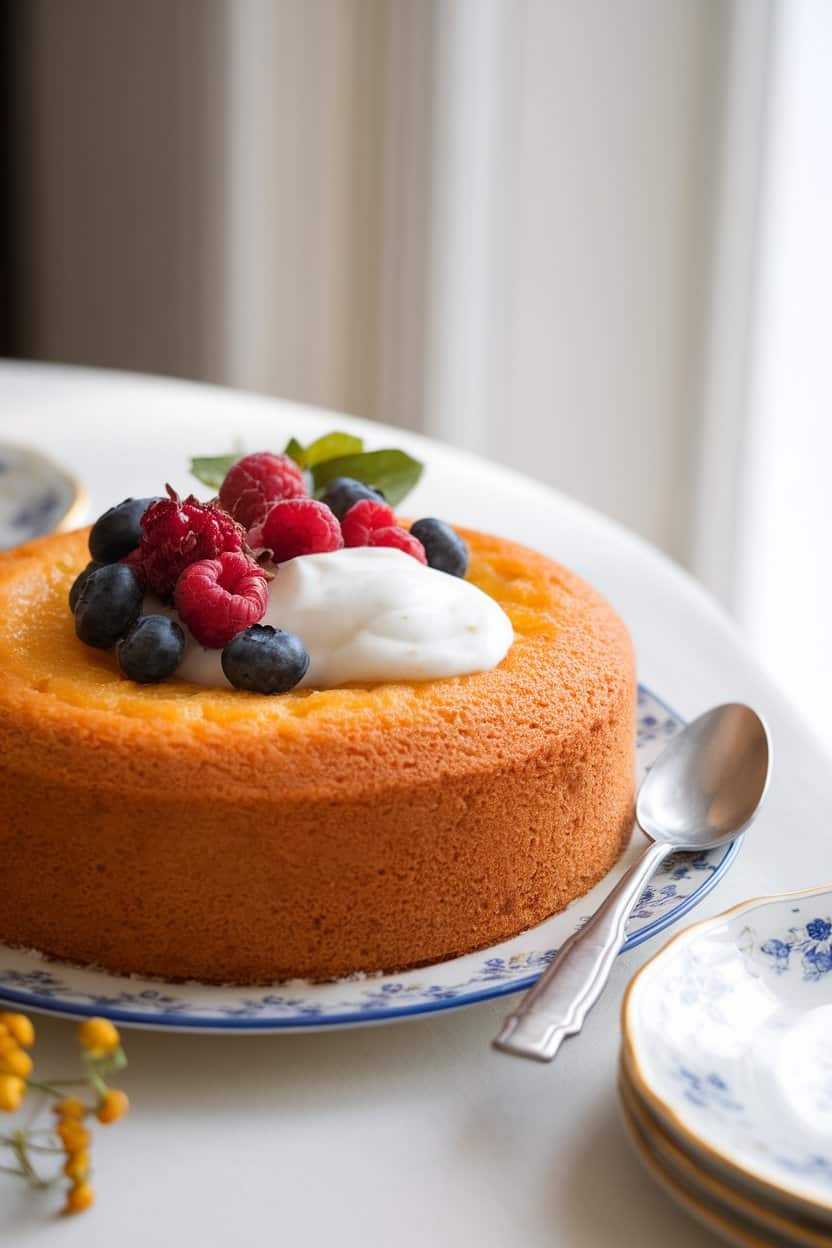 A photo of a baked orange olive oil cake with a lightly golden top. The cake is served on a plate with fresh berries and a dollop of yogurt.