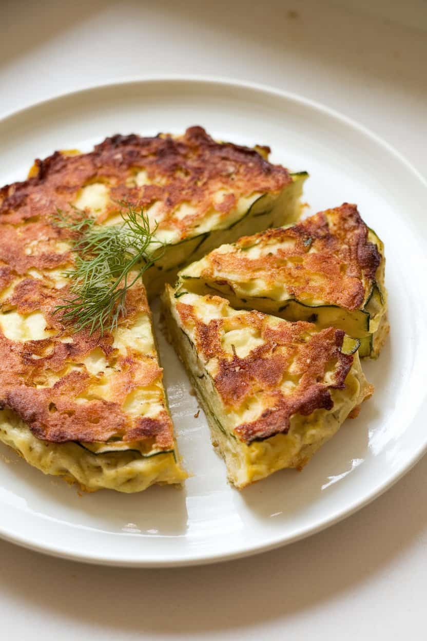 A photo of a baked zucchini fritter with a golden-brown top and a slightly crispy edge.