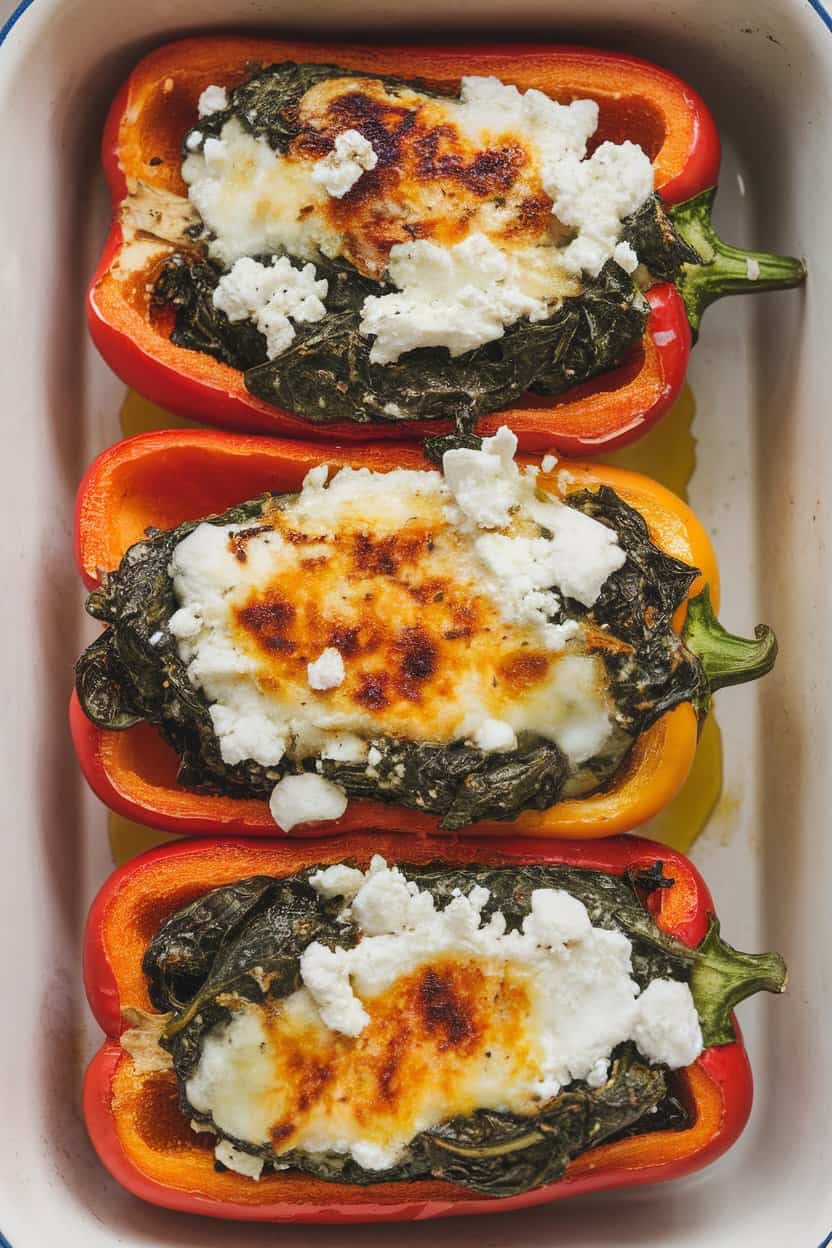 A photo of a baking dish with halved bell peppers filled with a mixture of sautéed spinach, olive oil, garlic, and crumbled feta cheese.