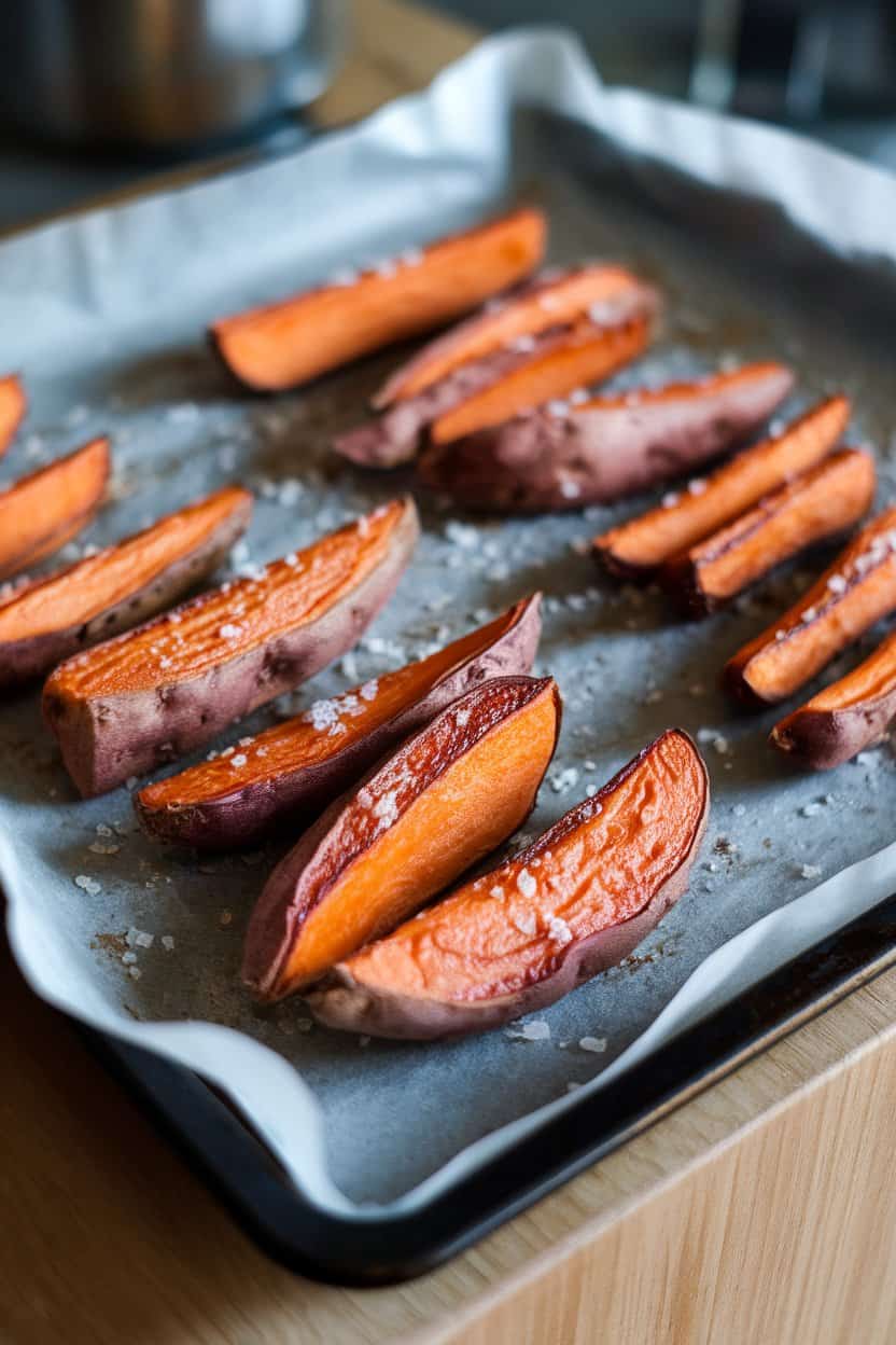 An indoor baking sheet lined with parchment and loaded with roasted sweet potato wedges, edges caramelized and sprinkled with coarse salt. Overhead lighting, no text or logos.