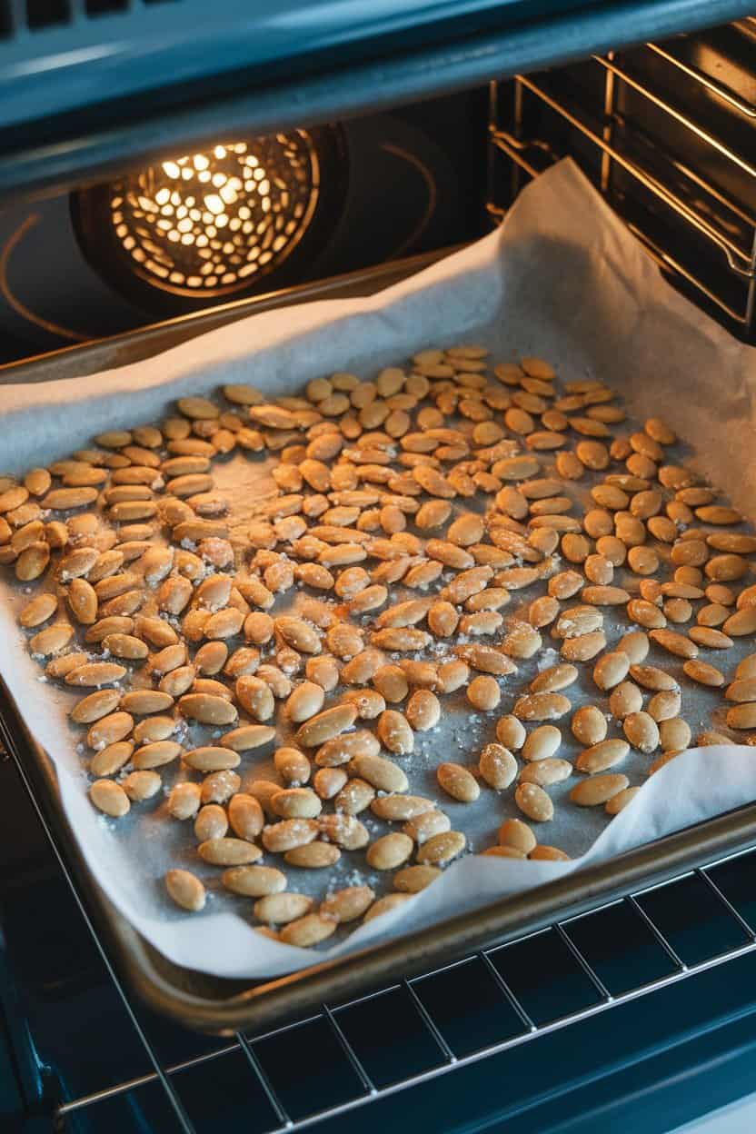 An indoor baking sheet lined with parchment holding golden roasted pumpkin seeds seasoned with sea salt, oven light glowing—no text or logos.