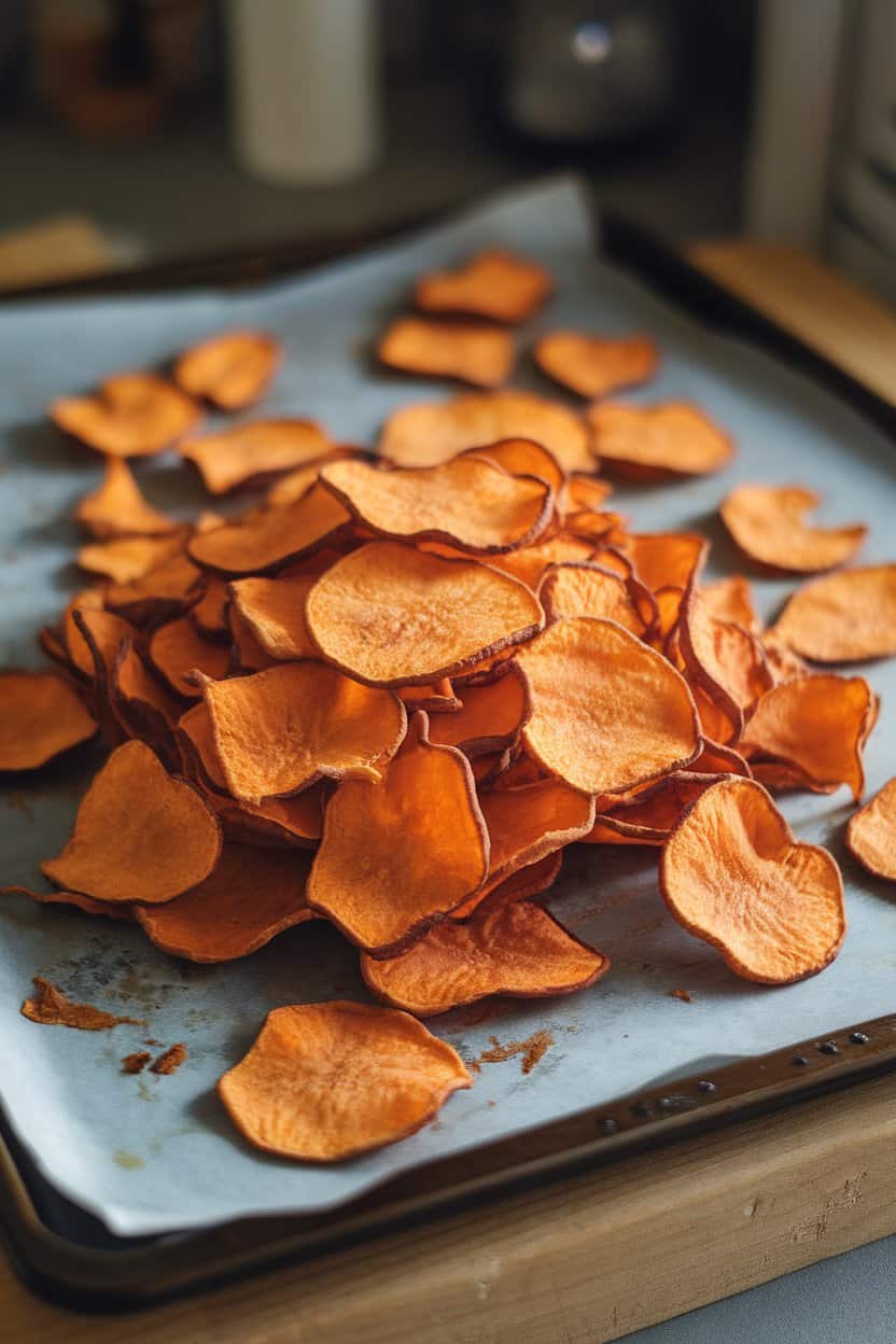 An indoor baking sheet piled with thin, crisp baked sweet potato chips, photographed slightly overhead. No branding in frame.
