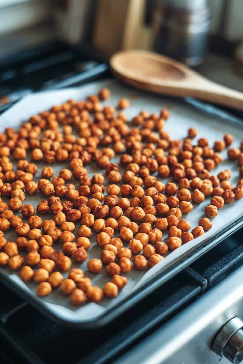 An indoor baking sheet resting on a stovetop, covered with evenly browned roasted chickpeas, a wooden spoon alongside—no visible brands.