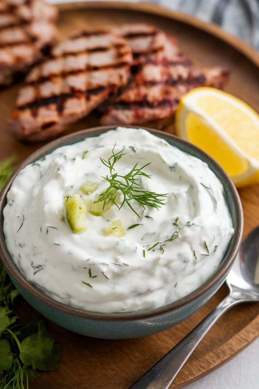 A photo of a bowl filled with a thick, white Greek yogurt-based tzatziki dip. The dip has small pieces of grated cucumber, minced garlic, and fresh dill.