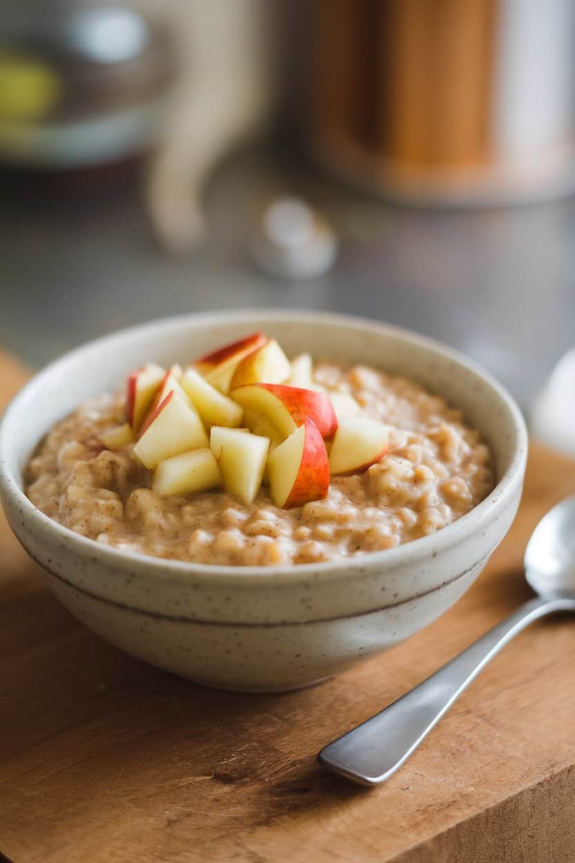 Indoor kitchen scene with a bowl of apple cinnamon oatmeal, diced apples on top. No text or logos.