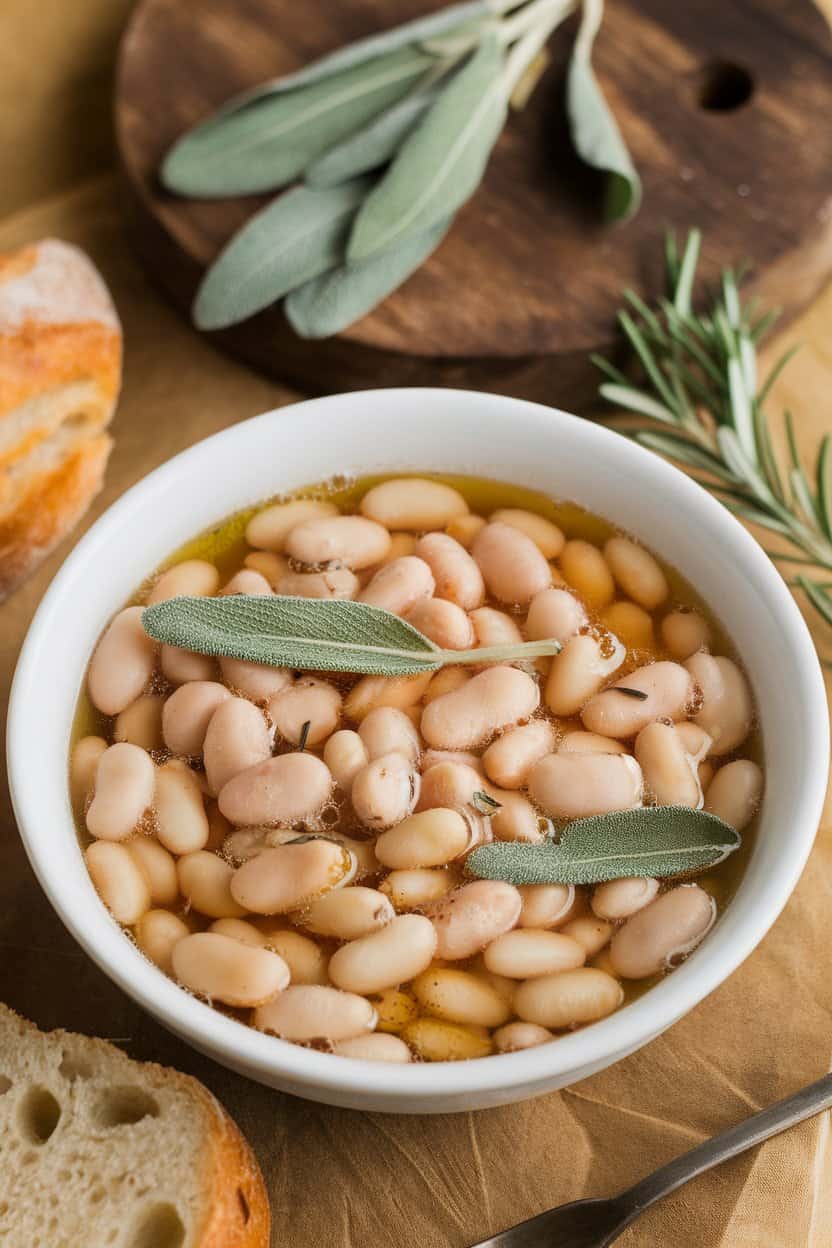 A photo of a bowl of cannellini beans simmering in vegetable broth, garlic, sage, and a glug of olive oil. The beans have become velvety in texture.