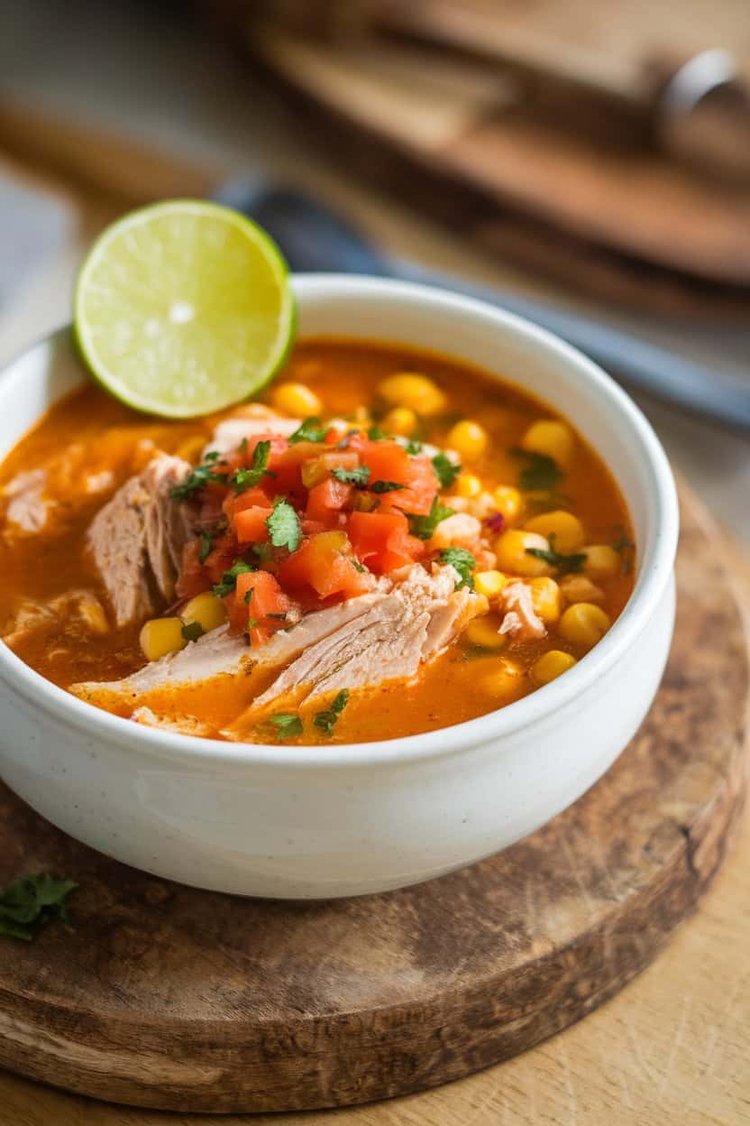 Indoor bowl of chunky chicken soup with corn and salsa visible, lime wedge on rim. No branding.