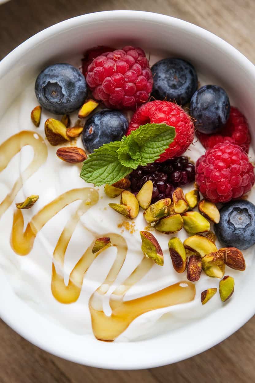 A photo of a bowl of creamy Greek yogurt layered with ribbons of honey, toasted pistachios, and fresh berries.