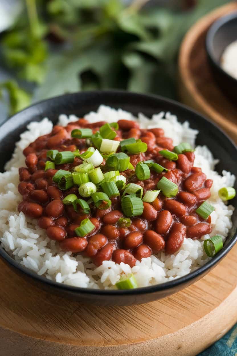 Indoor bowl of smoky red beans served over white rice, sprinkled with chopped scallions. No logos.