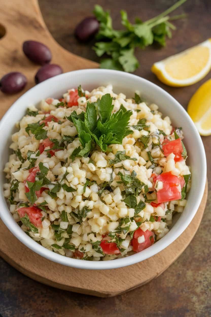 A photo of a bowl of tabouli salad. The salad is made of soaked bulgur, chopped parsley, mint, diced tomato, lemon juice, and olive oil.