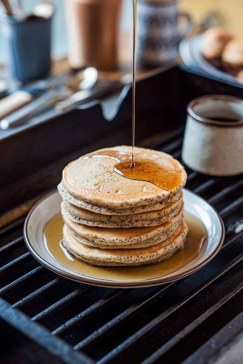 An indoor breakfast griddle scene with silver-dollar pancakes speckled with chia seeds stacked on a plate, drizzle of maple syrup on the side—no logos or text.