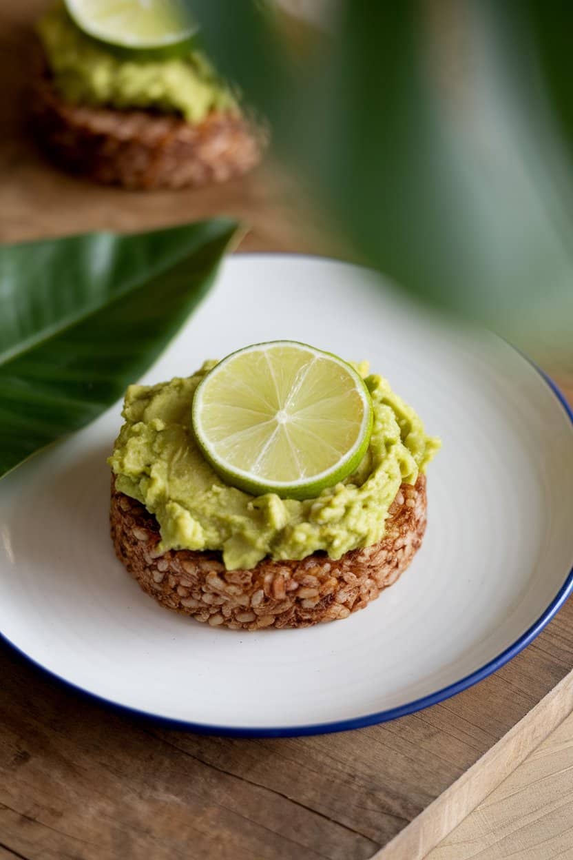 Indoor cafe-style table holding a brown rice cake spread with mashed avocado and a squeeze of lime, photographed from slightly above. No text or logos visible.