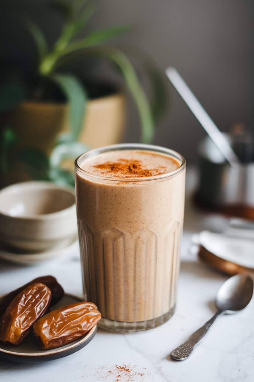  Photo of a caramel-colored smoothie in a tall glass, sprinkled with cinnamon, indoor desert-style vibe. A few Medjool dates rest on a small plate; no brands visible