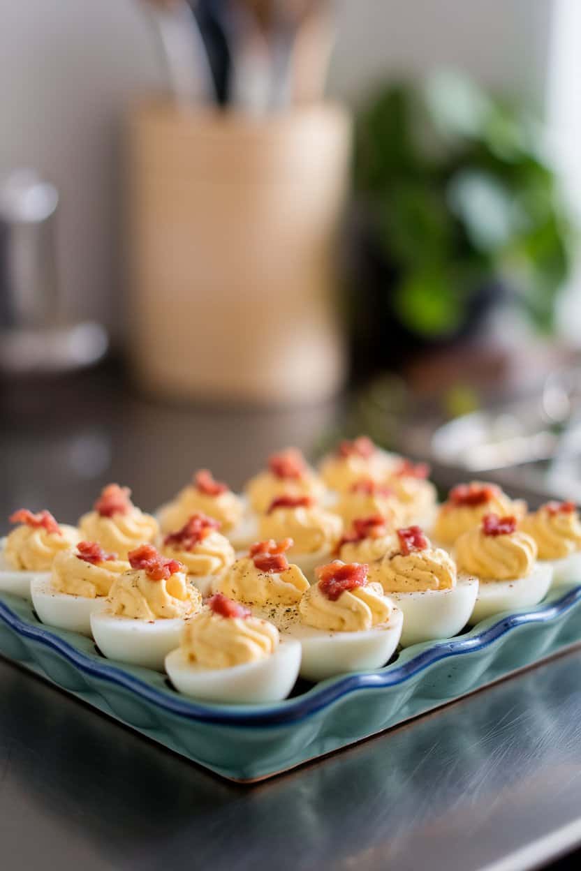 Indoor kitchen table with deviled egg halves topped with tiny bacon bits, neatly aligned on a ceramic tray. No visible branding or text