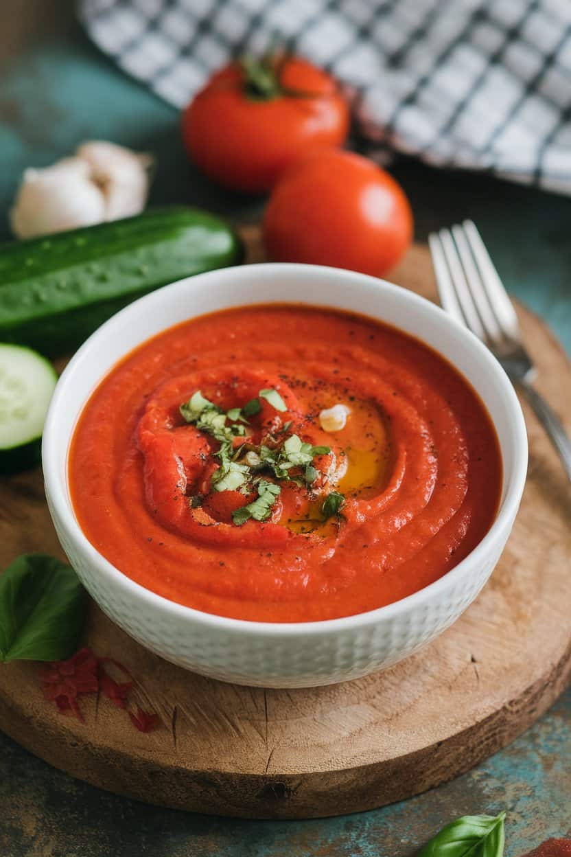 A photo of a chilled summer soup made from ripe tomatoes, cucumber, red bell pepper, garlic, and olive oil.