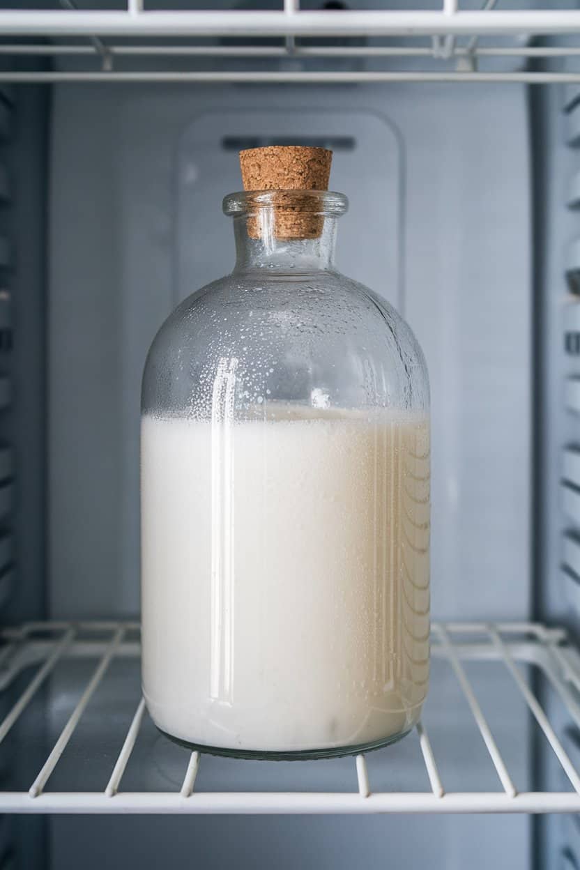  Indoor fridge shelf scene with a clear glass bottle of plain kefir, condensation visible, cap on. No branding or text on bottle.
