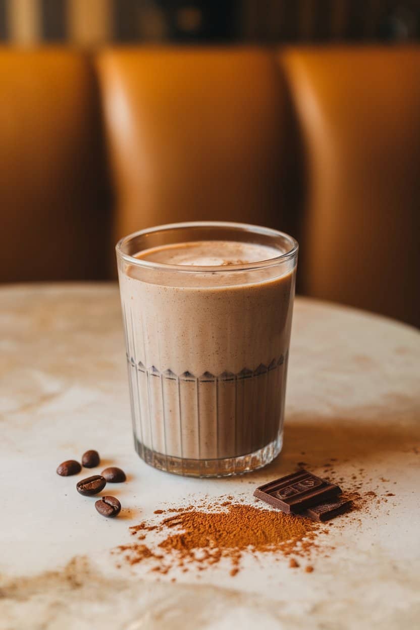 A clear glass of mocha-colored smoothie on an indoor café-style table, a few coffee beans and cocoa powder sprinkled nearby. Warm lighting, no text or logos.