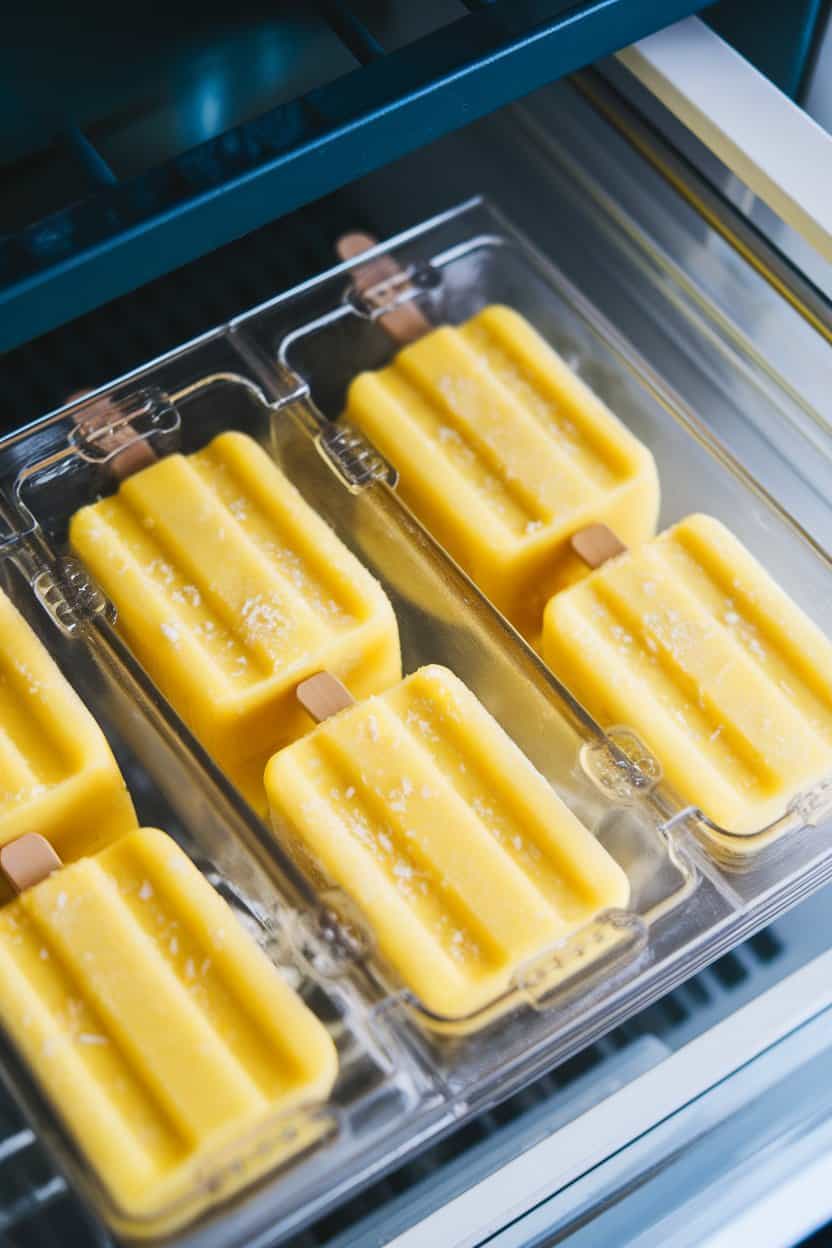An indoor freezer drawer opened to show homemade popsicles in clear molds, bright yellow mango color with flecks of coconut—no text or logos present