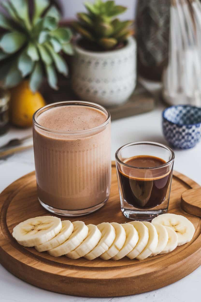  Indoor coffee-bar style setup with a mocha-tan smoothie in a short glass, espresso shot glass and banana slices alongside. No text or branding