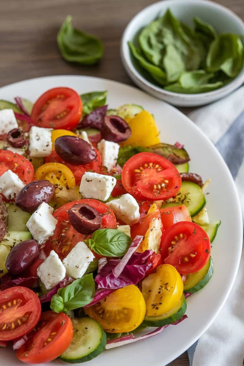 A photo of a colorful salad with ripe tomatoes, crunchy cucumber, briny feta, a handful of olives, and a splash of red-wine vinegar.