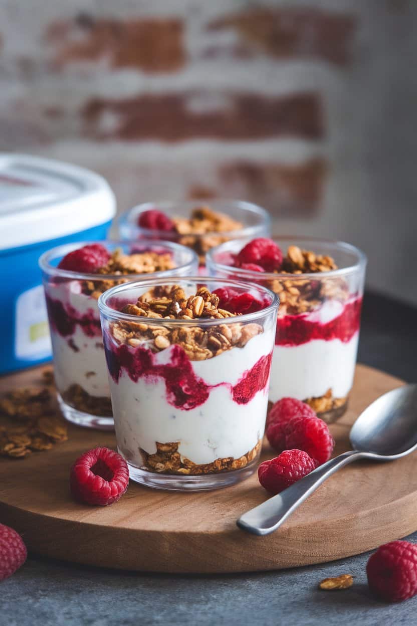 An indoor cooler-top scene with clear cups layered with Greek yogurt, raspberry compote, and granola topping. No text or logos anywhere.
