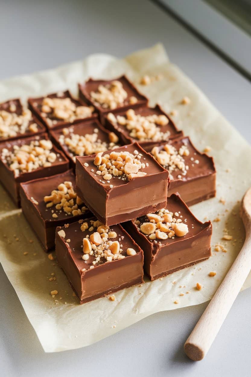 Indoor countertop with neat squares of chocolate peanut butter fudge stacked on parchment. No text or logos.