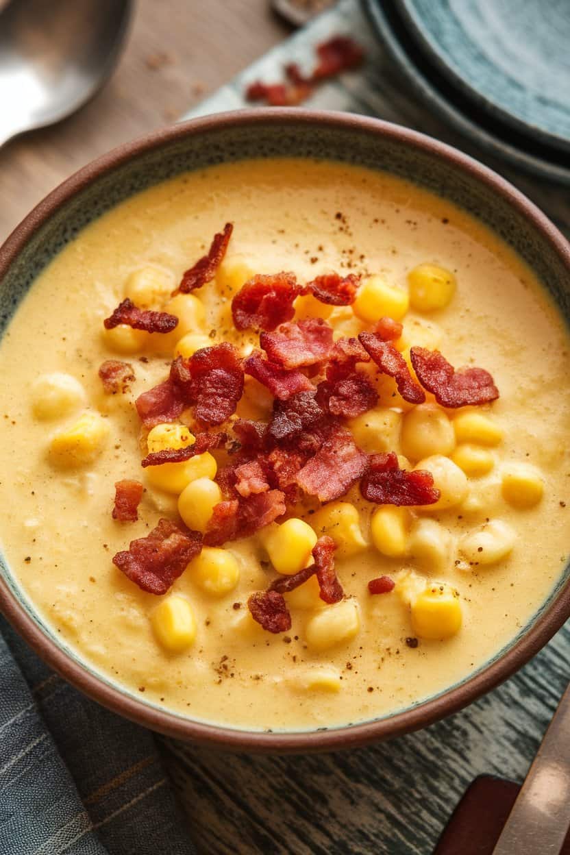 An indoor soup bowl filled with creamy corn chowder, bacon bits sprinkled on top. No visible text or logos.