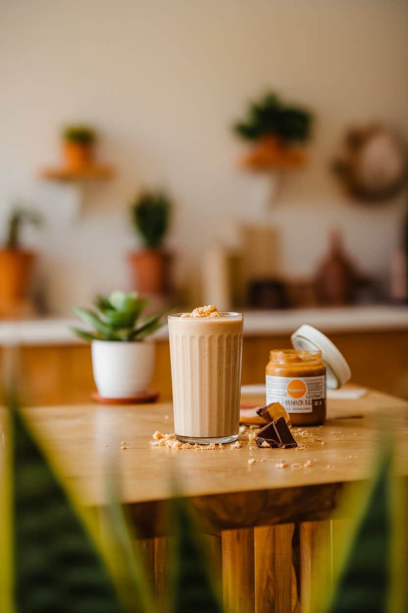 A photo of a creamy light-brown smoothie in a glass, topped with a small peanut crumble, set on an indoor wooden island. An open jar of peanut butter and a few chocolate shavings sit nearby; no logos in view.
