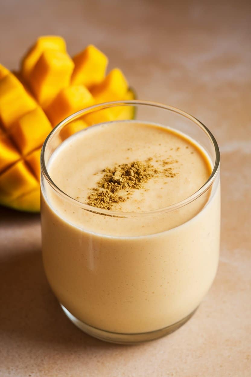 Indoor scene with a creamy mango smoothie in a clear glass, tiny sprinkle of ground cardamom on top, mango slice beside. No text or logos