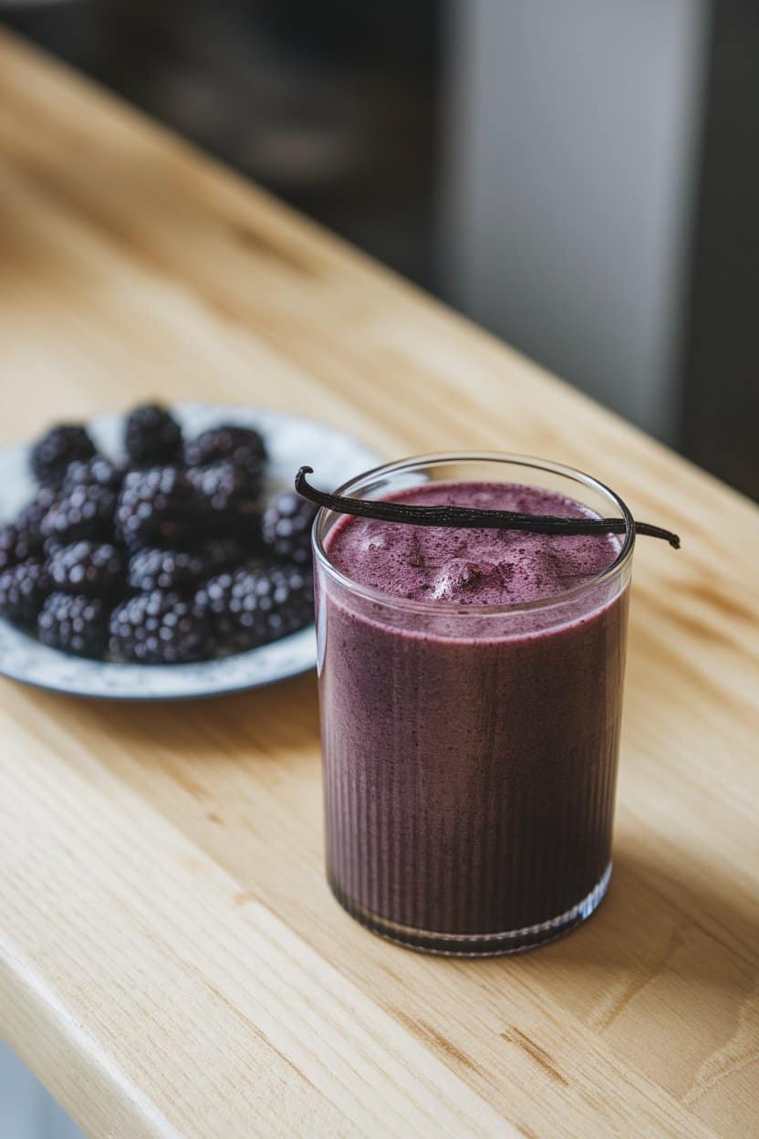 A dark purple blackberry smoothie in a clear glass on an indoor wooden counter, visible vanilla bean specks on top. Nearby plate holds fresh blackberries; no logos.