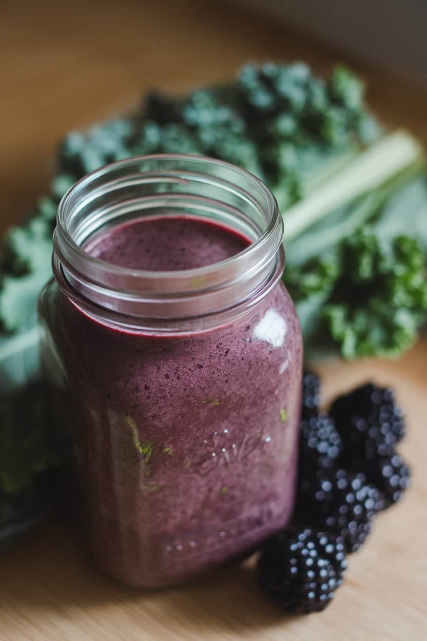 Indoor setting with a dark purple smoothie in a clear mason jar, tiny flecks of green visible, kale leaves and blackberries lying nearby. No logos, text-free