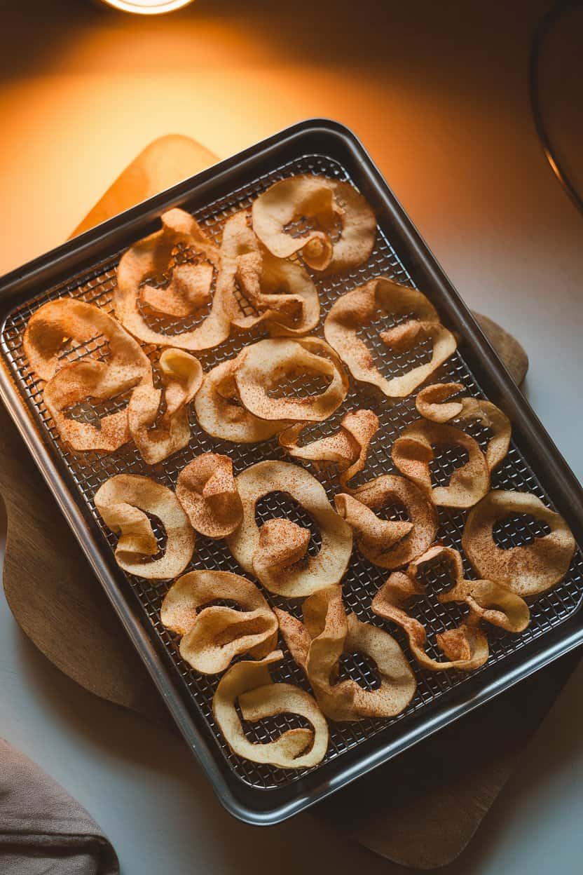 An indoor dehydrator tray filled with thin, curled apple chips dusted in cinnamon, warm overhead kitchen light—no visible branding.