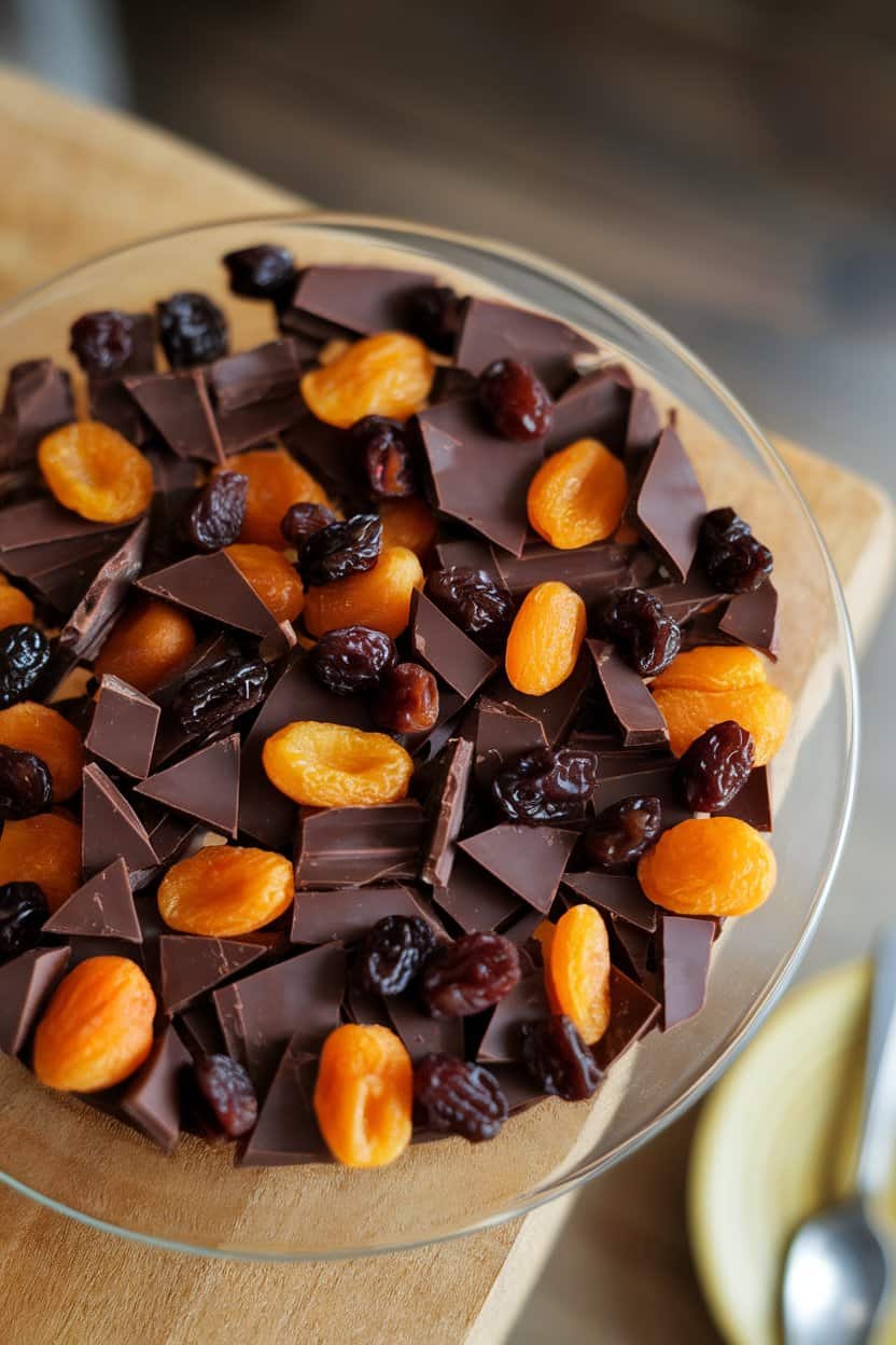  Indoor dessert plate with broken pieces of dark chocolate, dried apricots, and raisin clusters arranged in a loose mosaic. No text or logos.