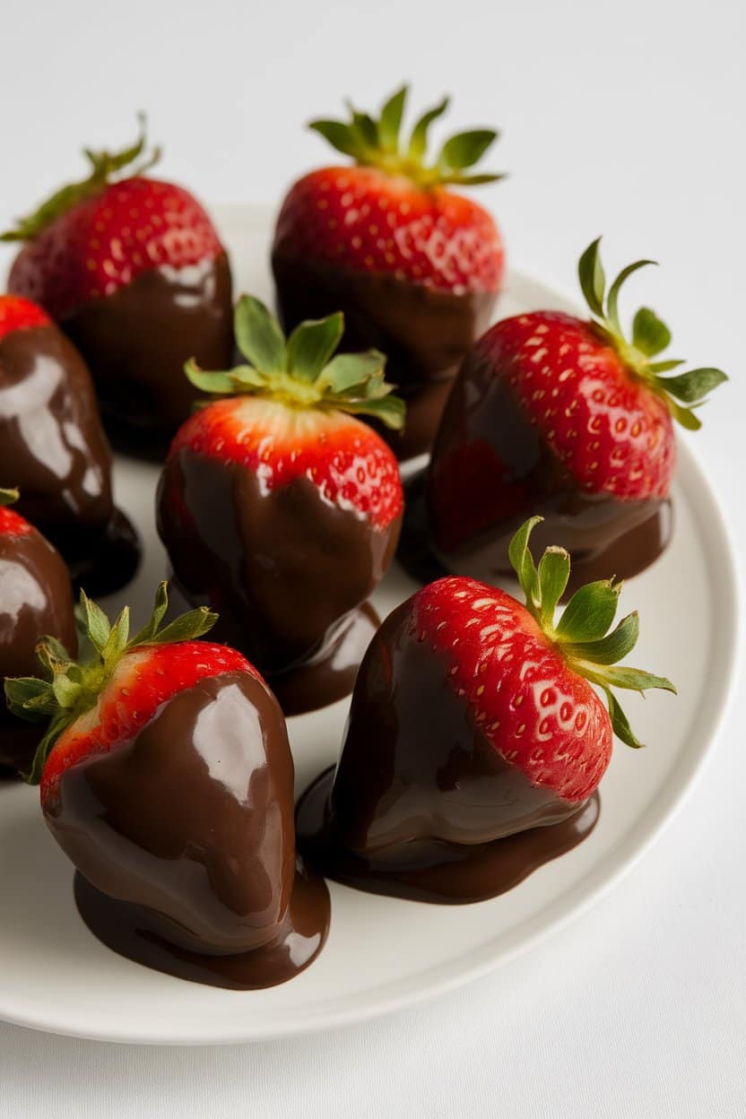 Indoor dessert plate with several ripened strawberries half-coated in glossy dark chocolate, chocolate hardened. No text or logos visible.