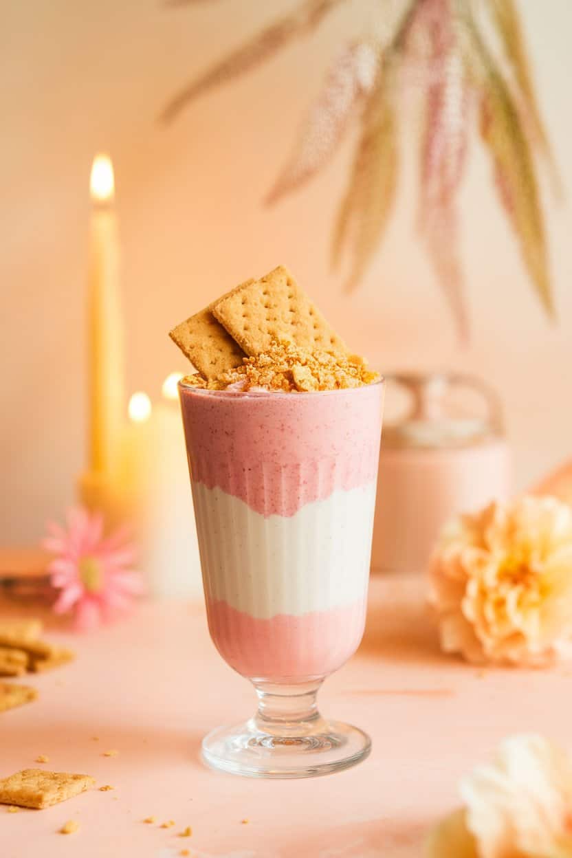 Indoor dessert-style scene with a layered pink and white smoothie in a parfait glass, crushed graham crackers sprinkled on top. No brand names or text.