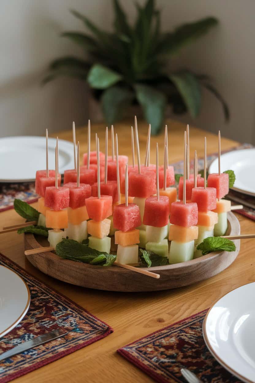 An indoor dining table with short wooden skewers threaded with alternating cubes of watermelon, cantaloupe, and honeydew, fresh mint leaves peeking between—no text or logos.